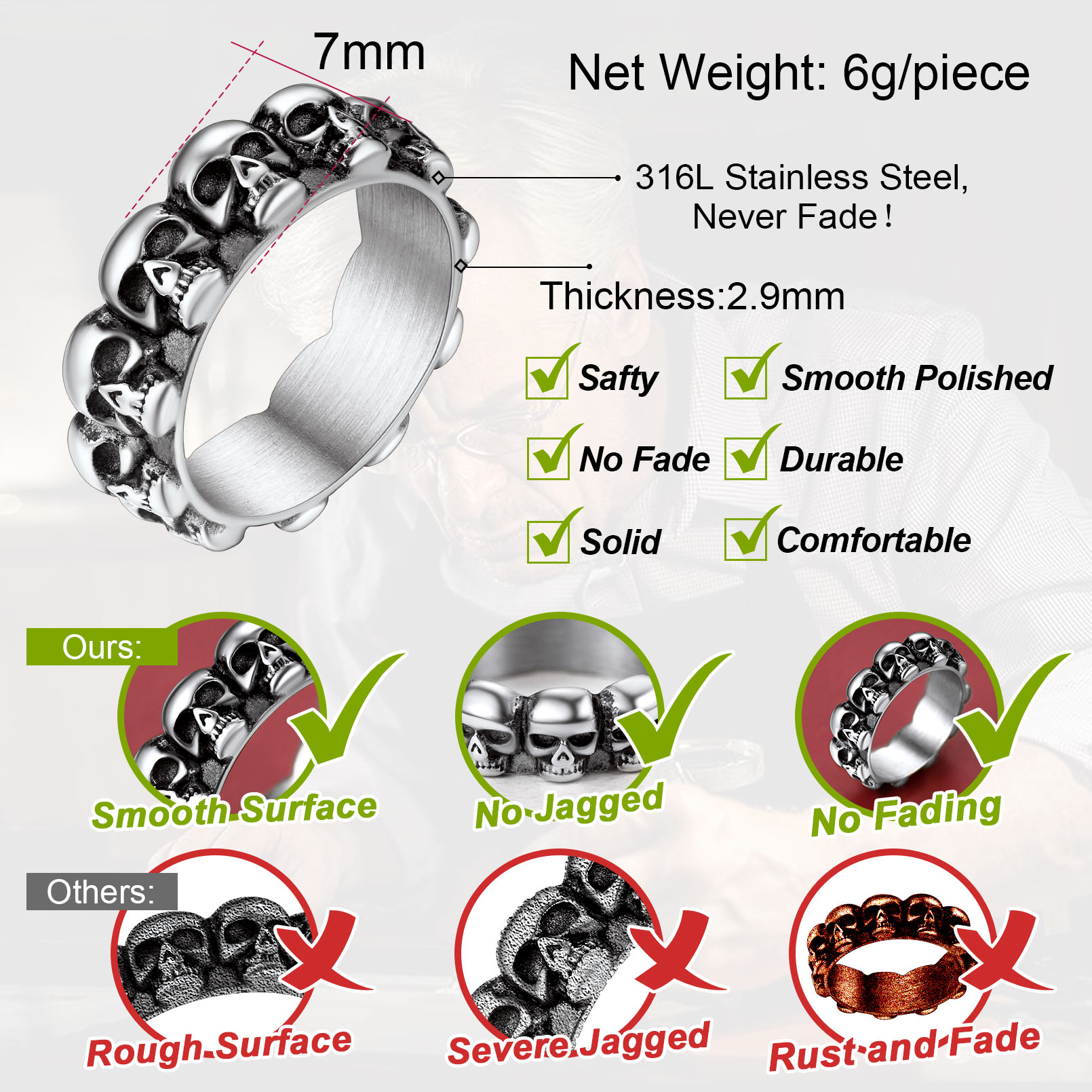 Gothic Biker Skull Eternity Band Ring for Husband