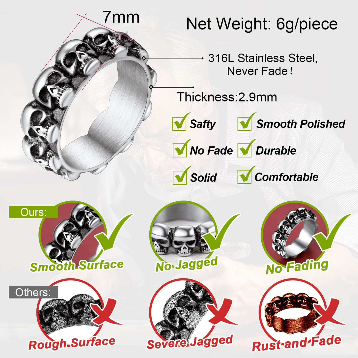 Gothic Biker Skull Eternity Band Ring for Husband