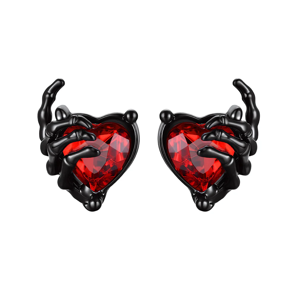 Ruby Skull Hand Heart Earrings