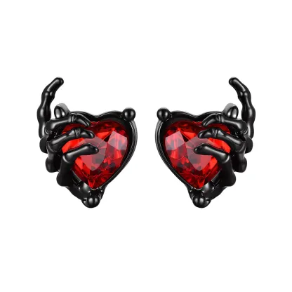 Ruby Skull Hand Heart Earrings