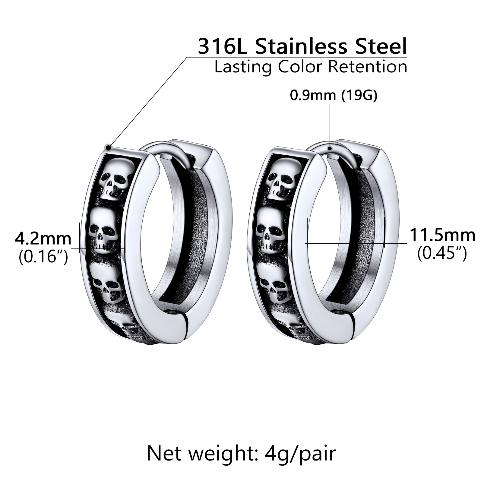 Gothic Skeleton Huggie Hoop Earrings for Men Women silver skull earrings