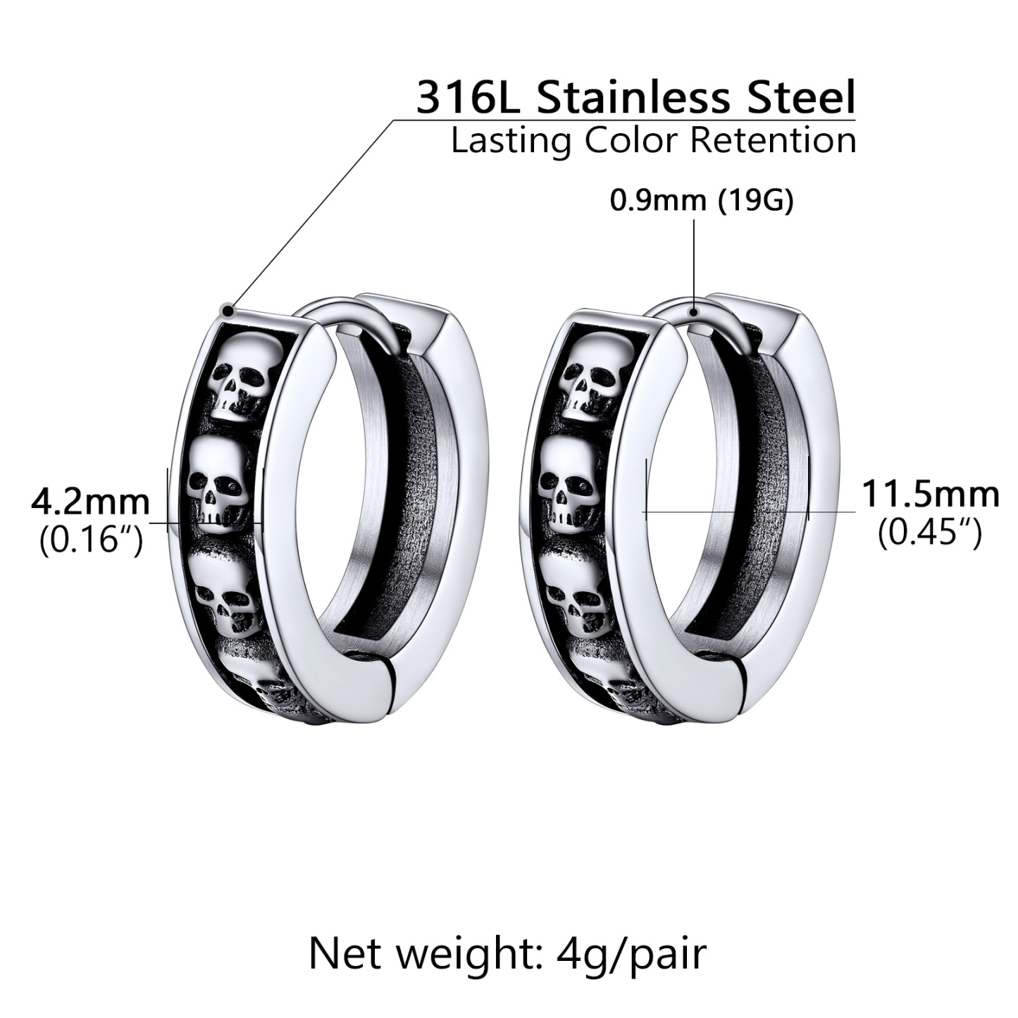 Gothic Skeleton Huggie Hoop Earrings for Men Women silver skull earrings