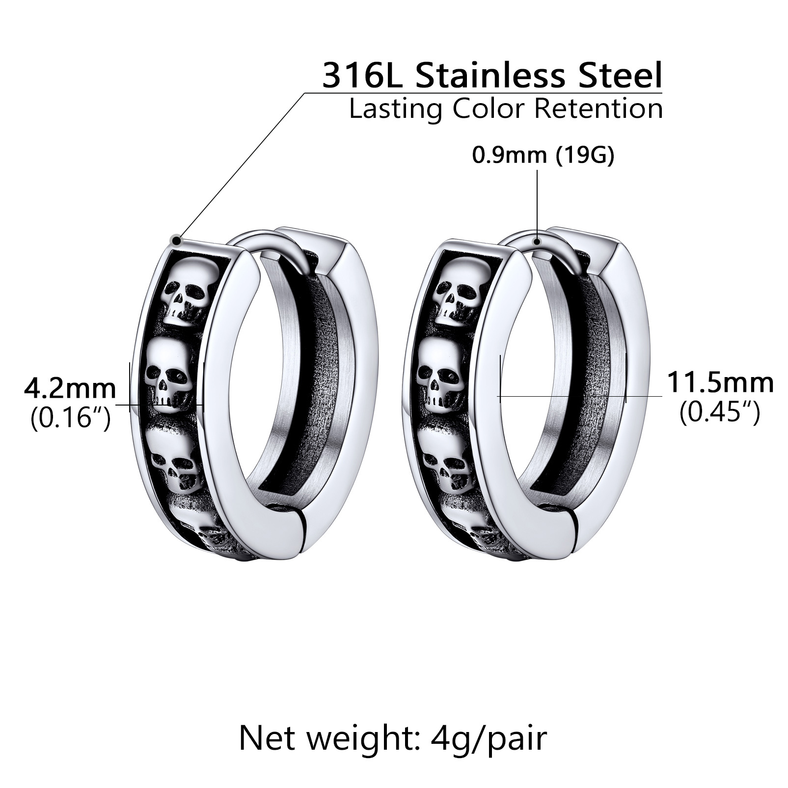 Gothic Skeleton Huggie Hoop Earrings for Men Women silver skull earrings