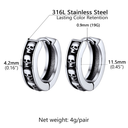 Gothic Skeleton Huggie Hoop Earrings for Men Women silver skull earrings