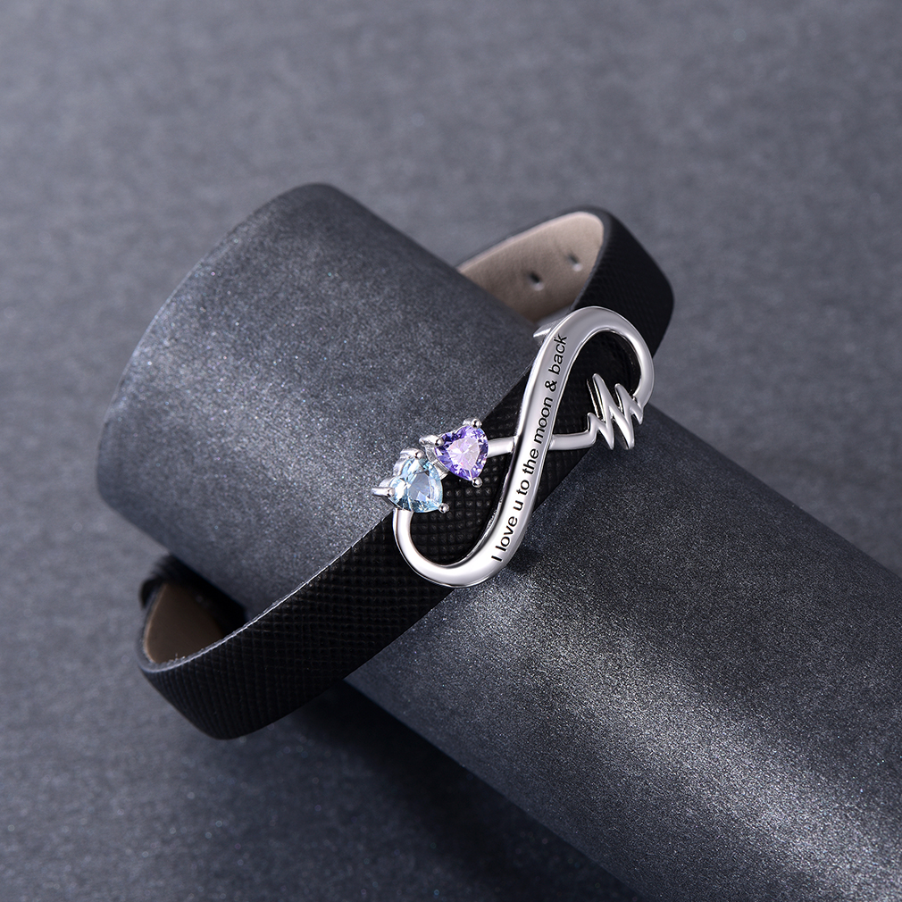 Custom Birthstone Engraved Name Infinity Leather Bracelet for Women