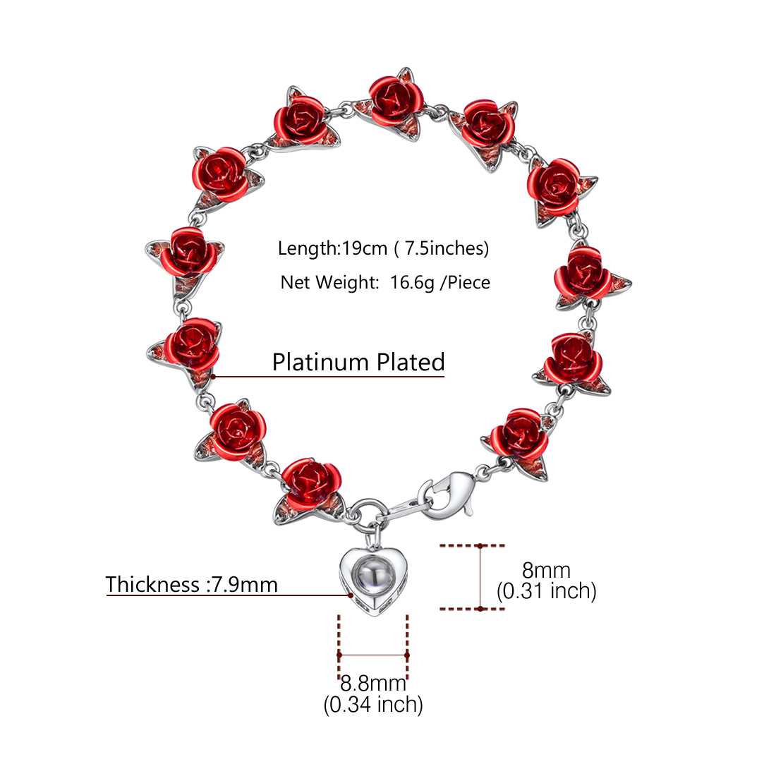 Red Rose Link Bracelets Romantic Jewelry for Women detail