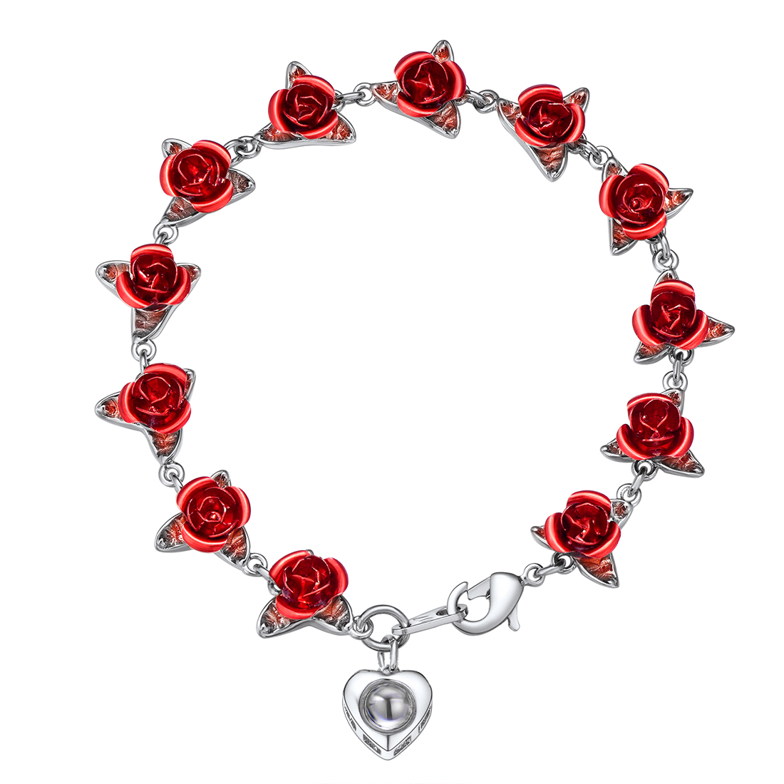 Red Rose Link Bracelets Romantic Jewelry for Women silver