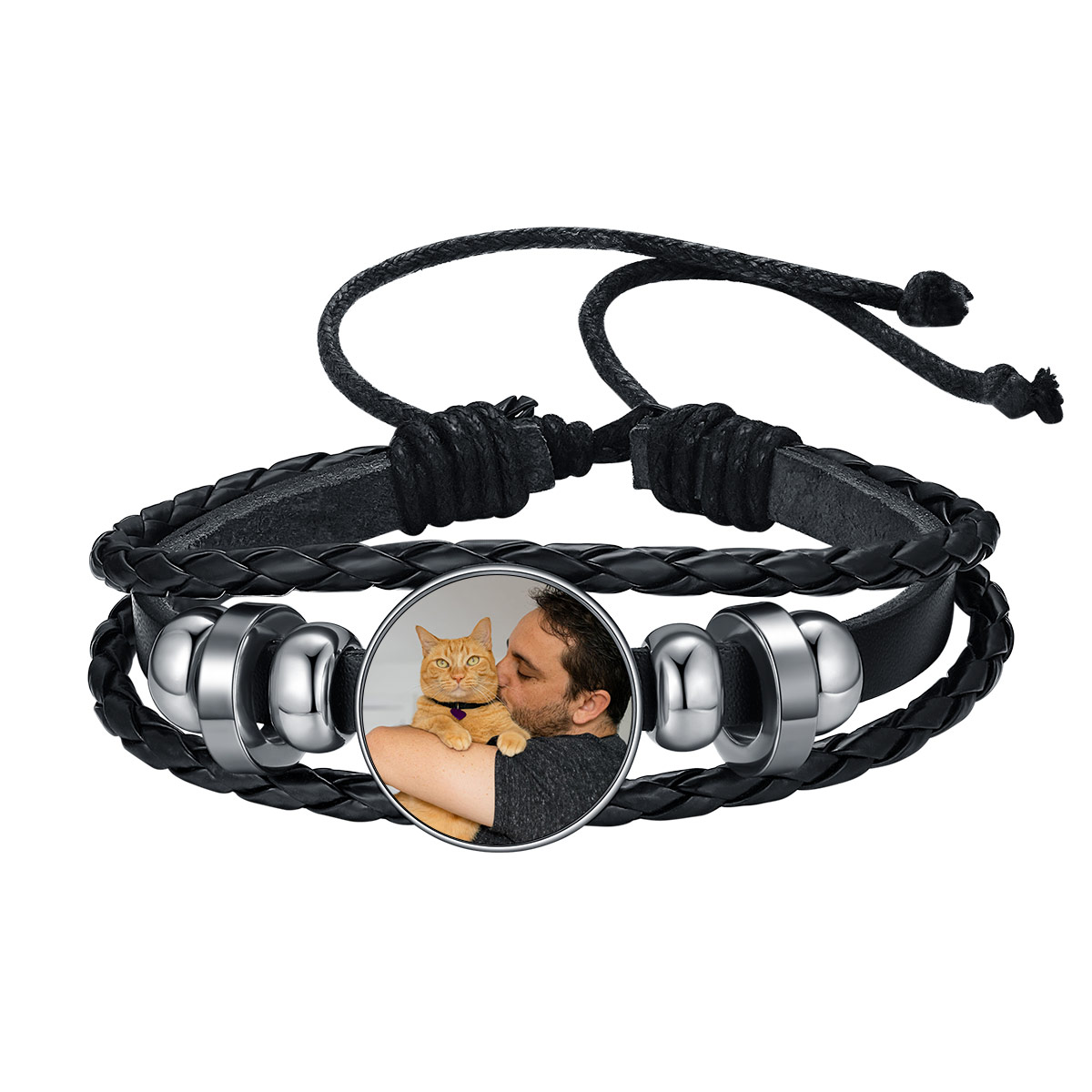 Personalized Braided Leather Photo Bracelet with Picture For Men