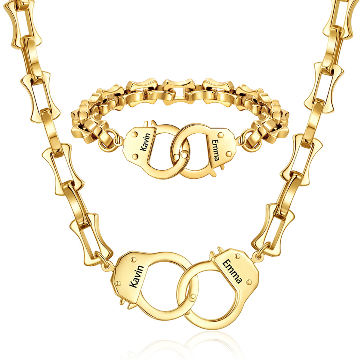 Personalized Handcuff Bamboo Link Necklace & Bracelet Set
