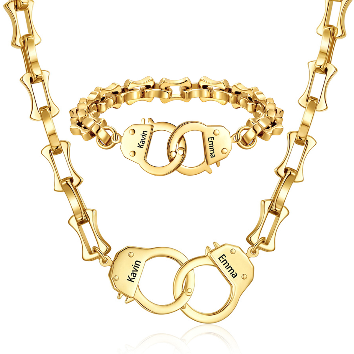 Personalized Handcuff Bamboo Link Necklace & Bracelet Set