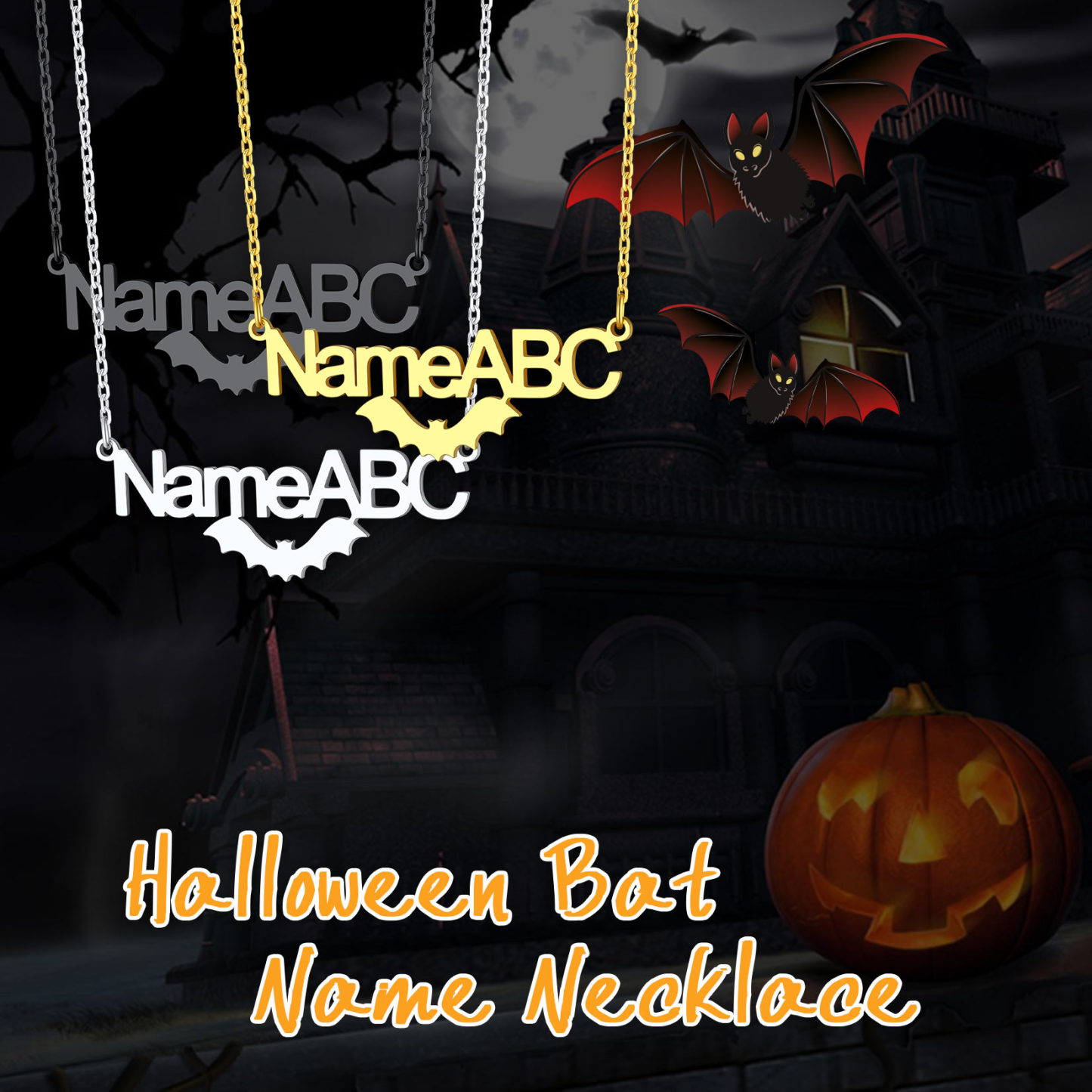 Customized Gothic Halloween Bat Name Necklaces For Women