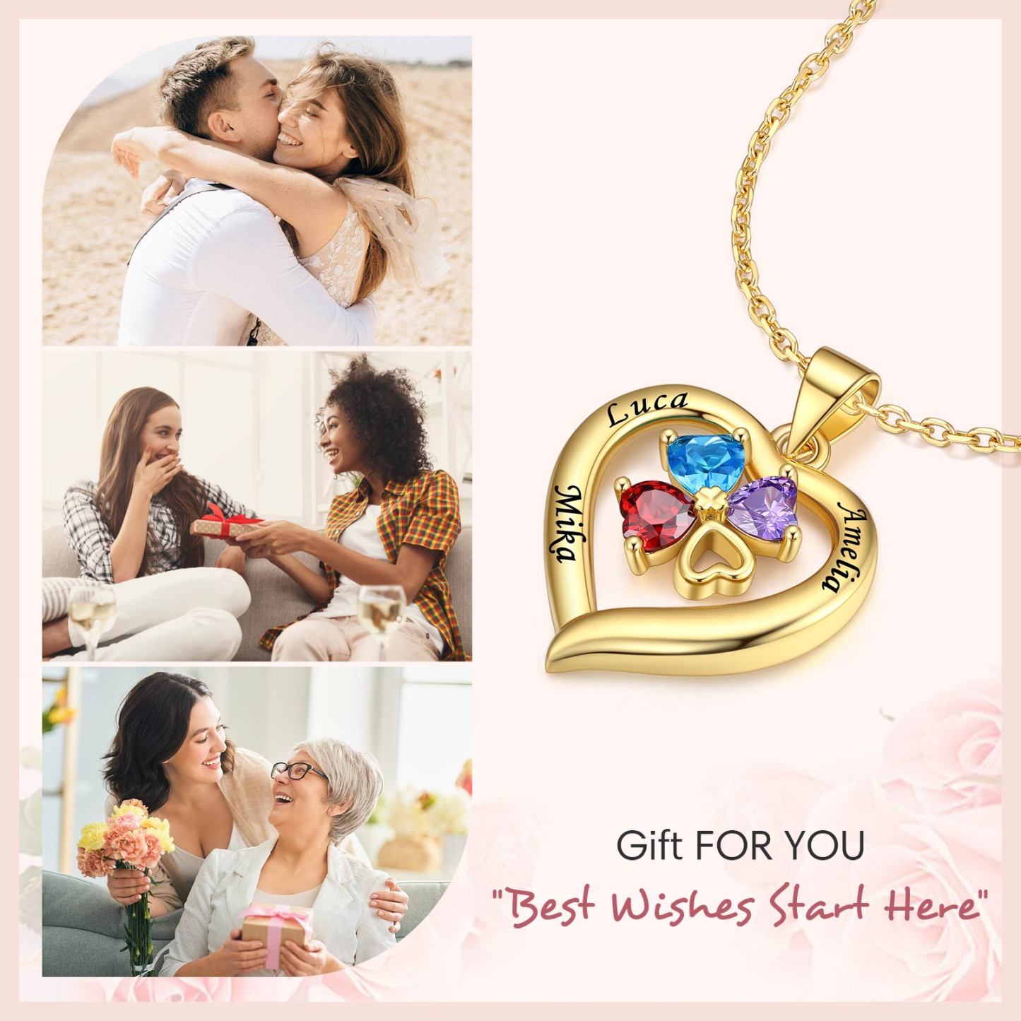 Heart Birthstone Necklace Name Engraved