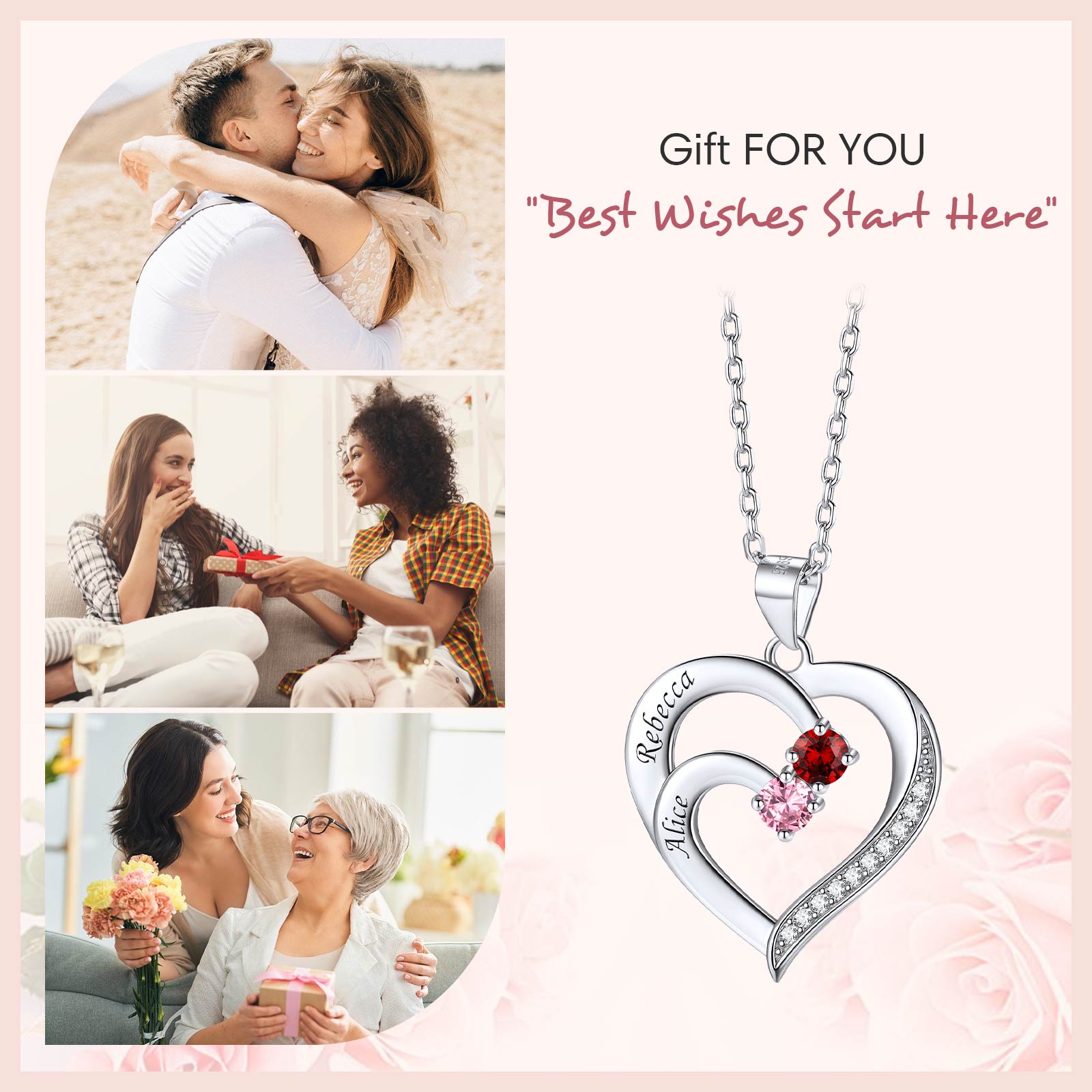 Heart Family Birthstone Necklace gift for women