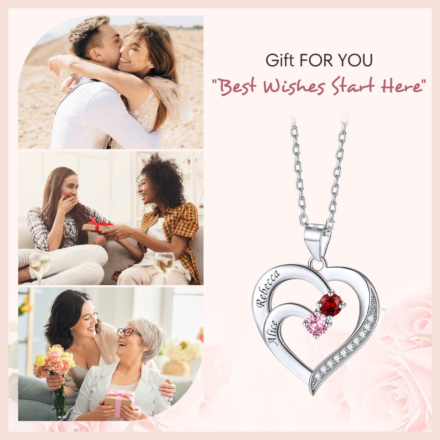 Heart Family Birthstone Necklace gift for women