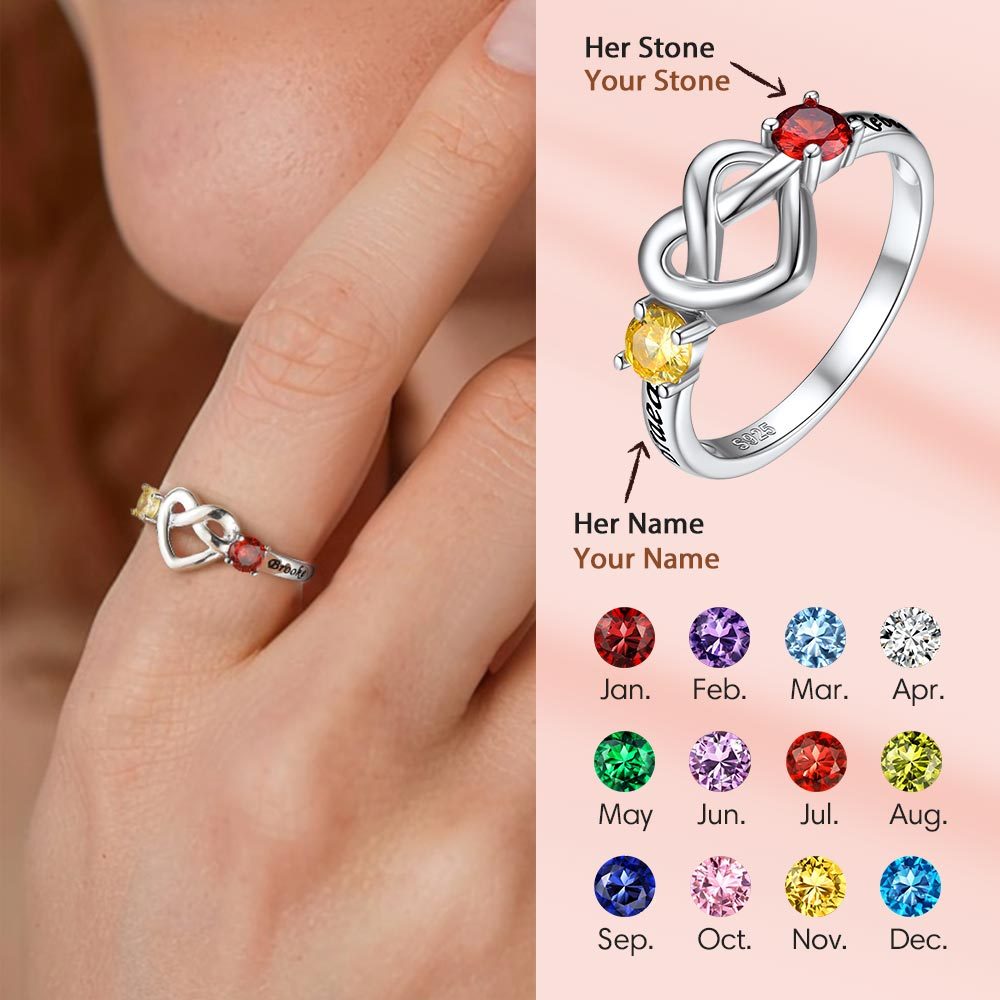 Custom Heart Love Knot Birthstone Promise Ring 