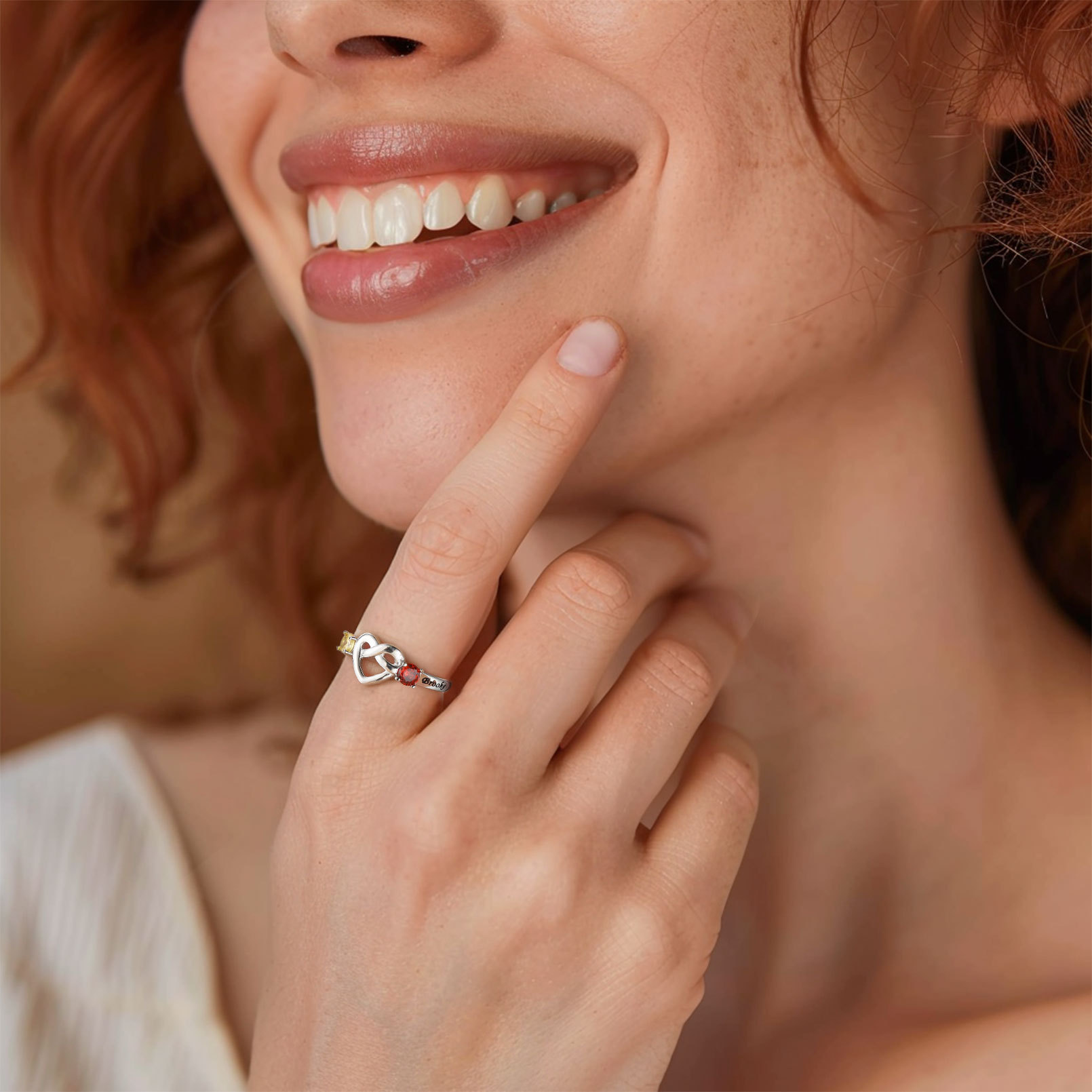 women wearing Custom Heart Love Knot Birthstone Promise Ring for Women