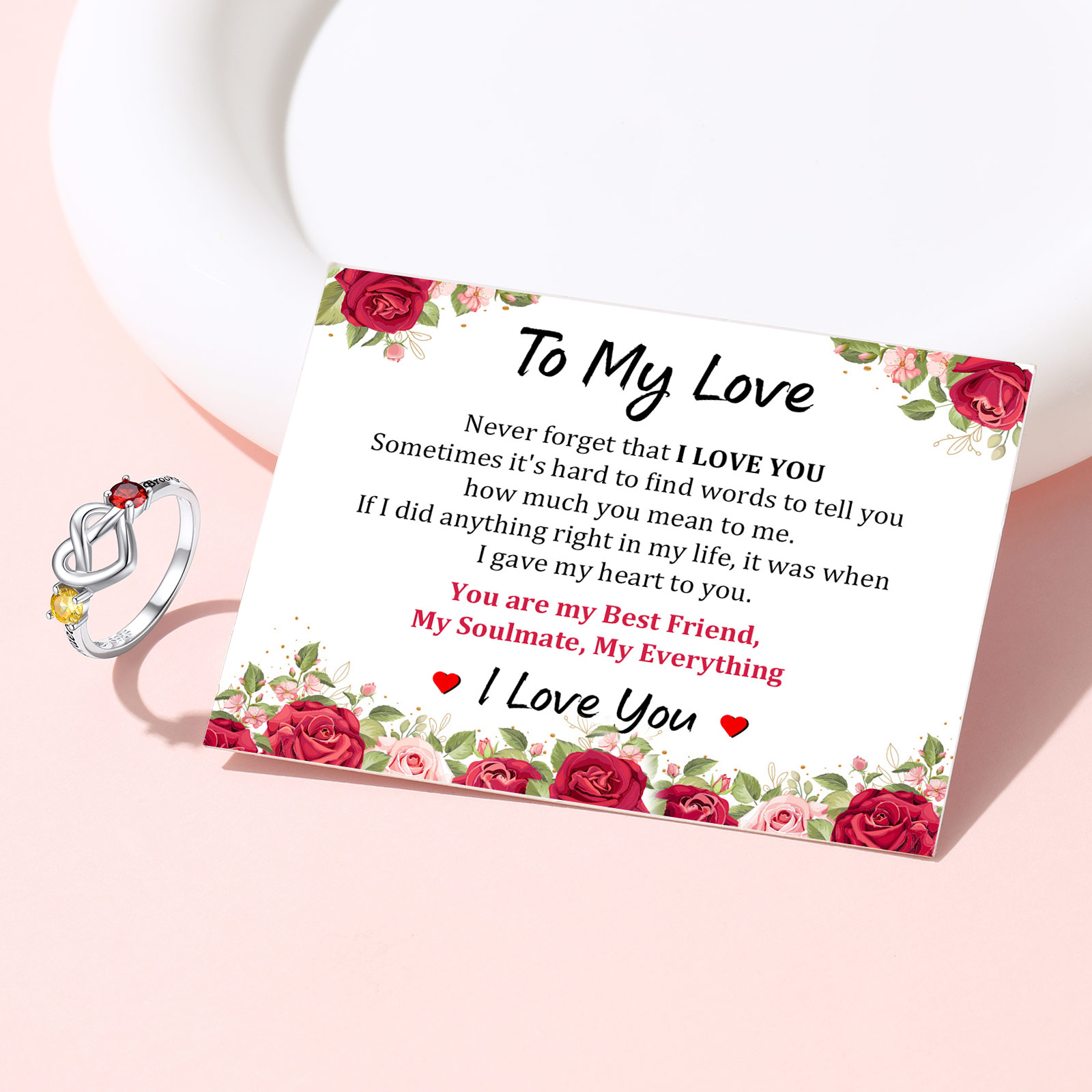 Custom Heart Love Knot Birthstone Promise Ring for Women with card