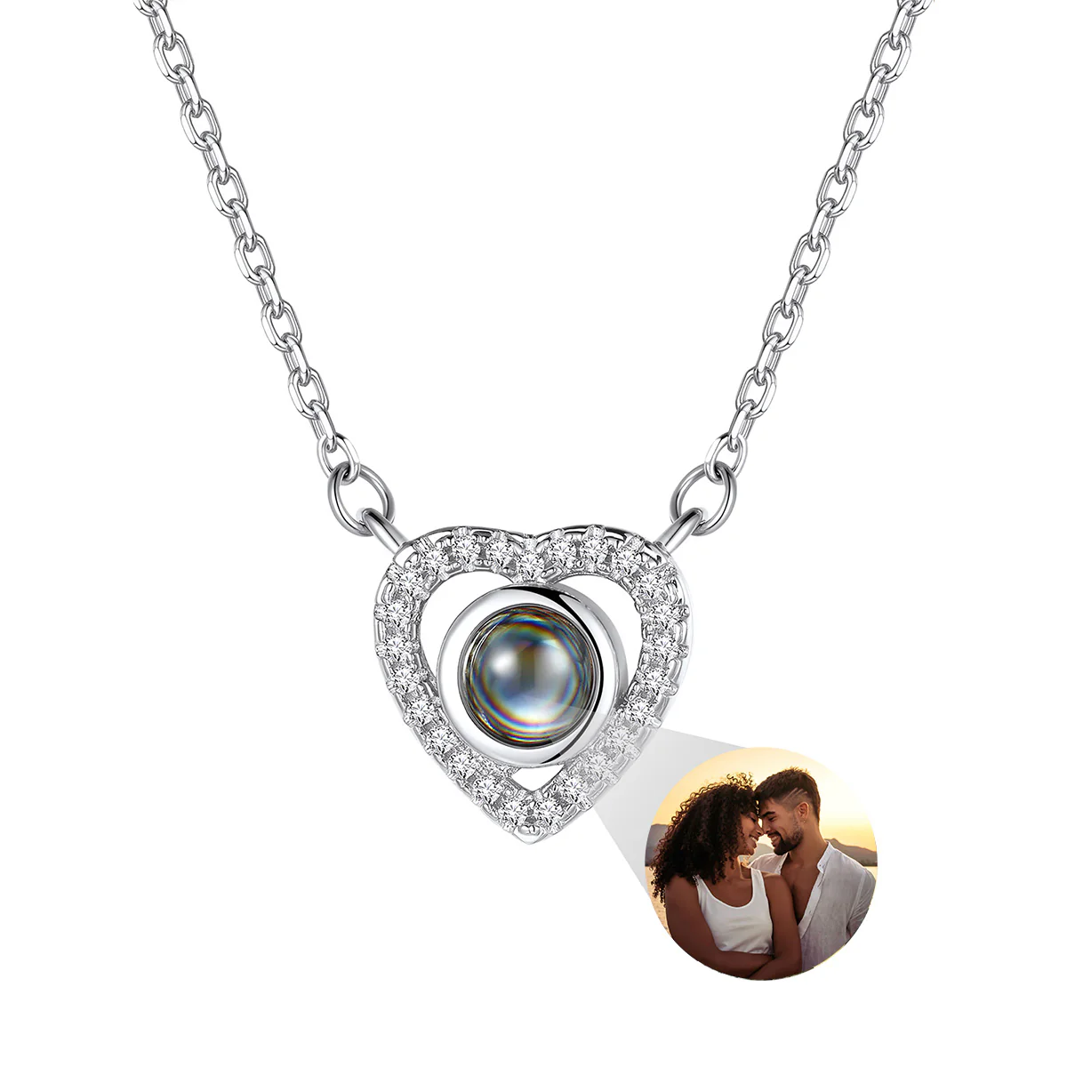 Heart Photo Projection Necklace in White Gold Plated