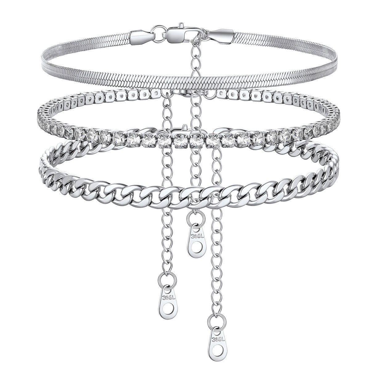 Herringbone Tennis Cuban Chain Anklet Set for Women Silver