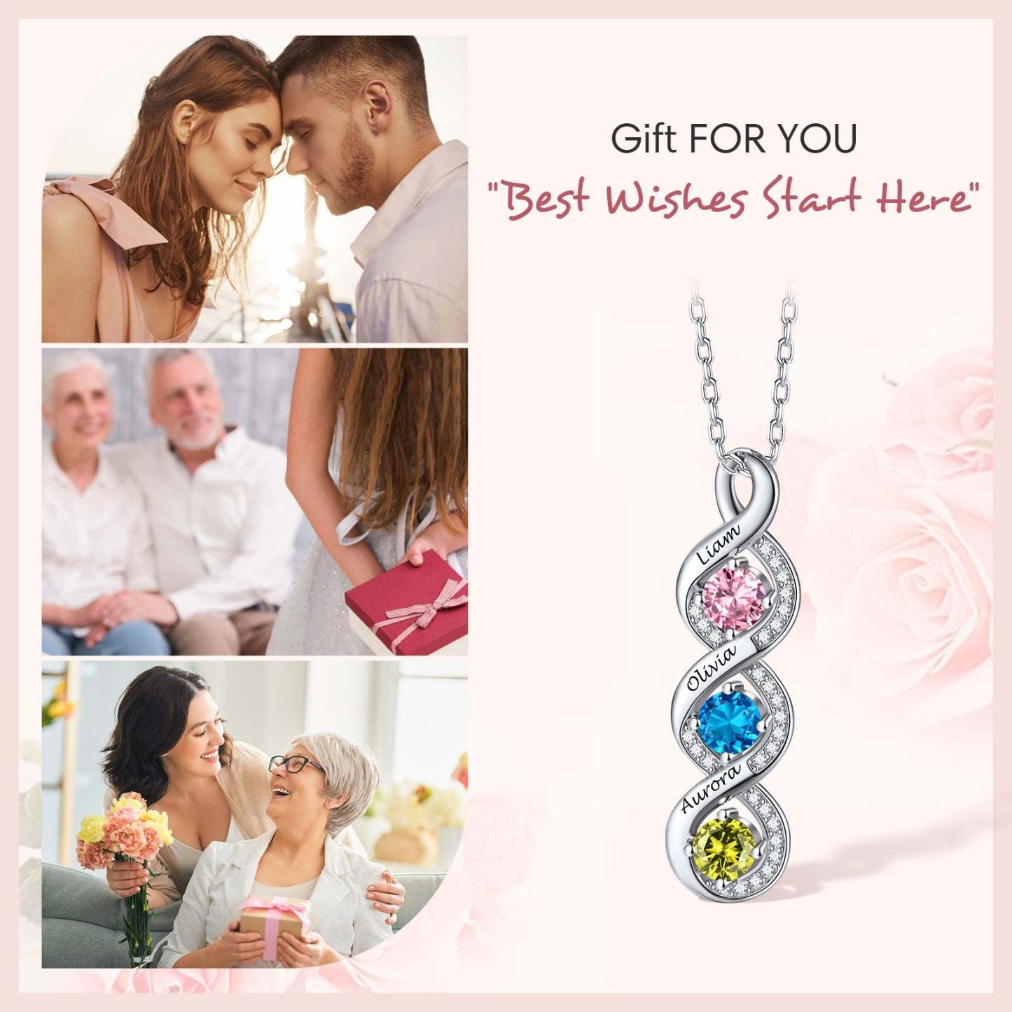 Personalized Sterling Silver Family Infinity 1-4 Birthstones Necklace for Mother's day gift