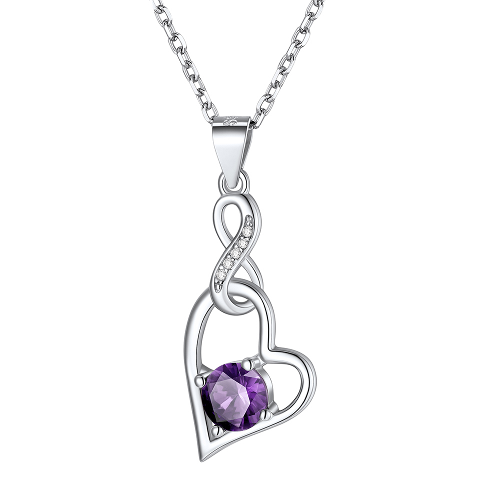 925 Sterling Silver Infinity Heart Birthstone Necklace For Women Feb.