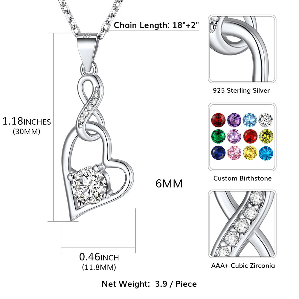 925 Sterling Silver Infinity Heart Birthstone Necklace size