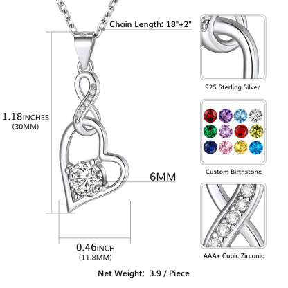925 Sterling Silver Infinity Heart Birthstone Necklace size
