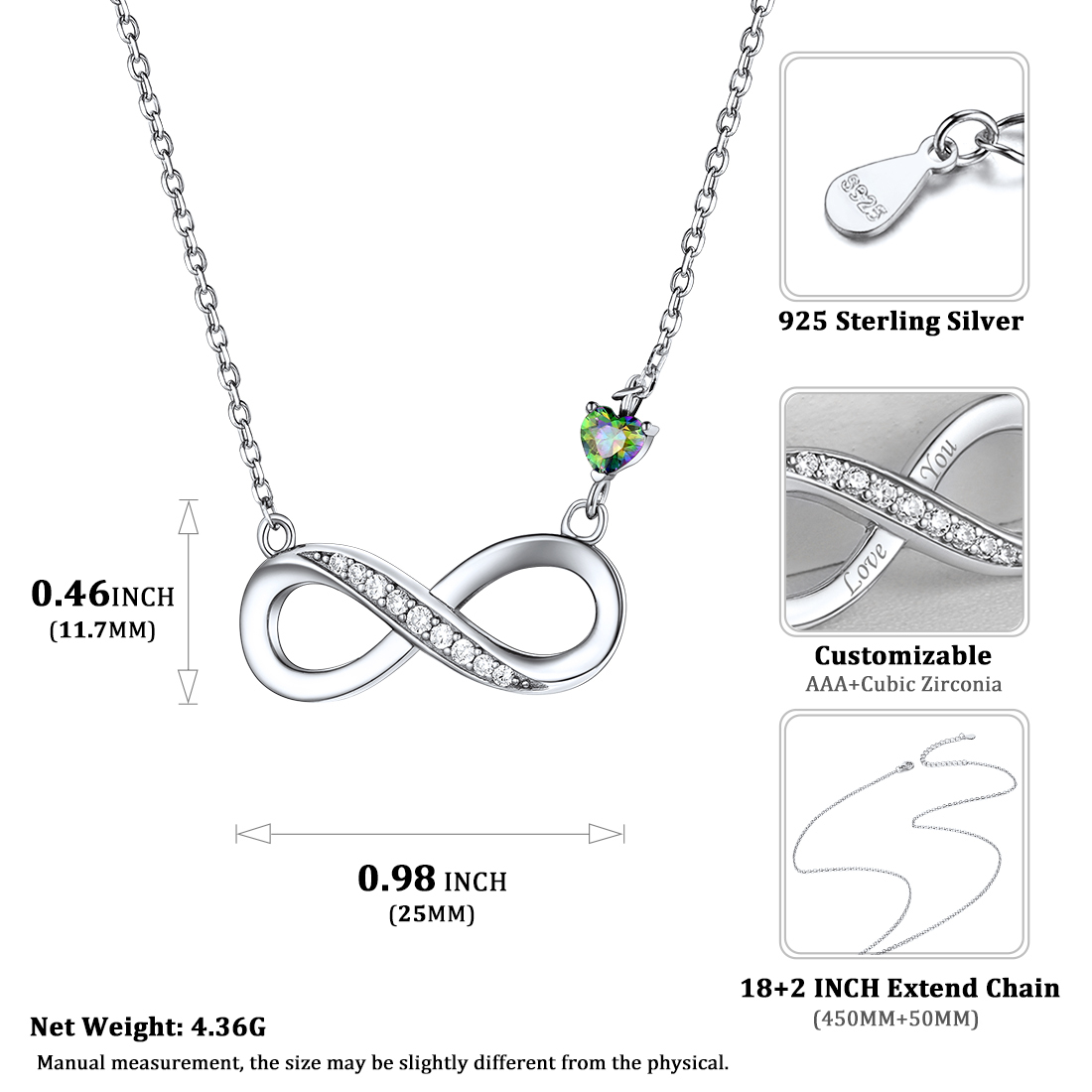 Infinity Necklace with Heart CZ Accent | 925 Sterling Silver detail