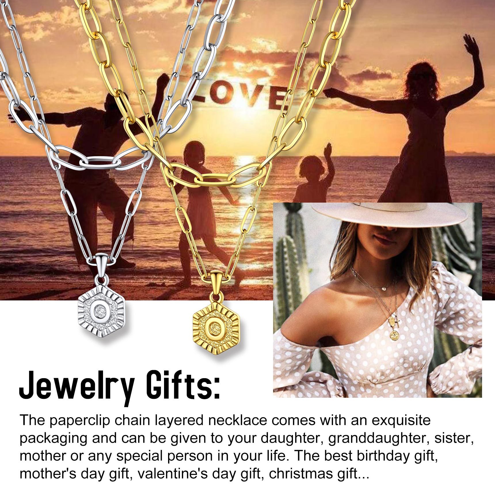 Initial 18K Gold Layered Necklaces Paperclip Chain For Women