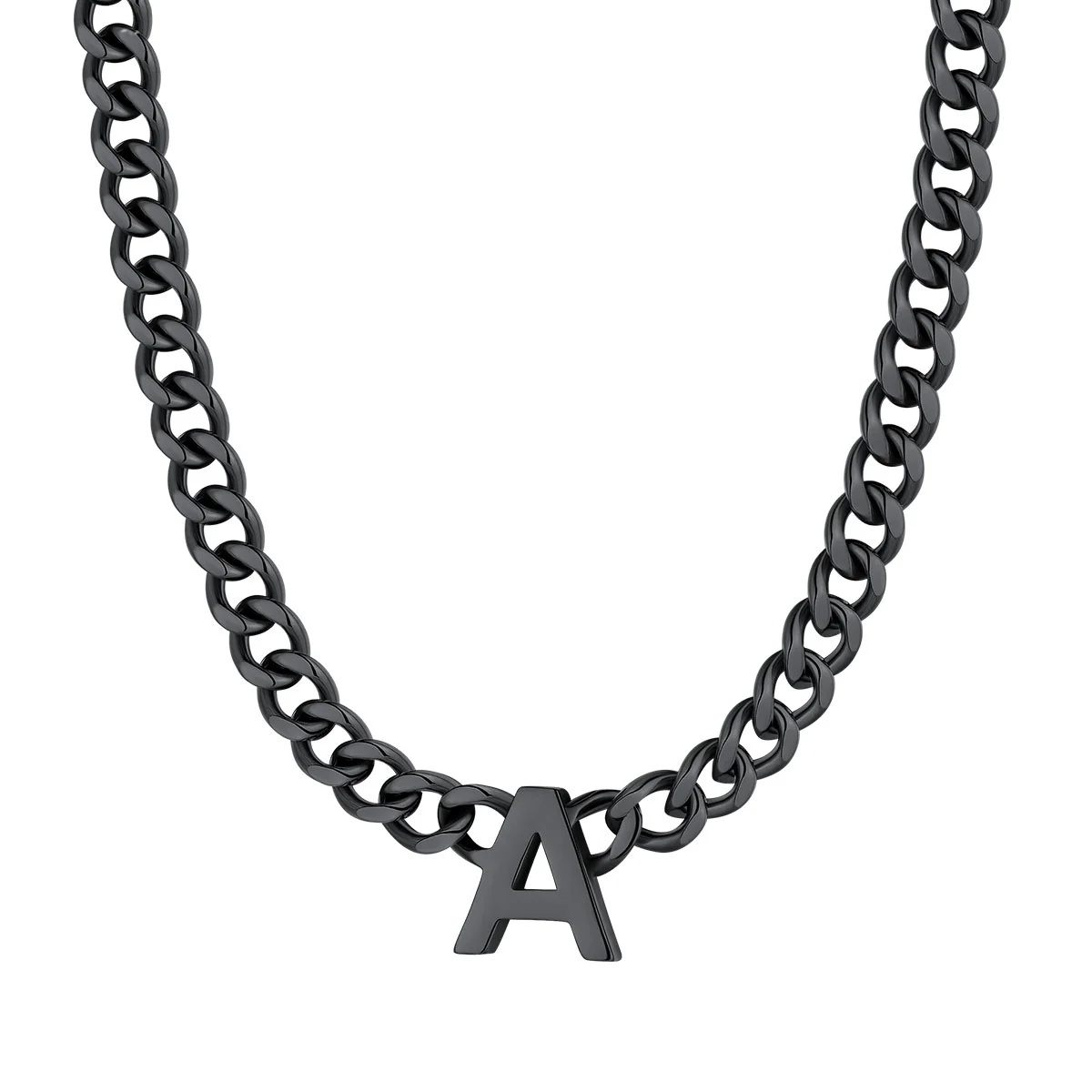 Initial A Cuban Chain Necklace for Men Women 7MM Black 