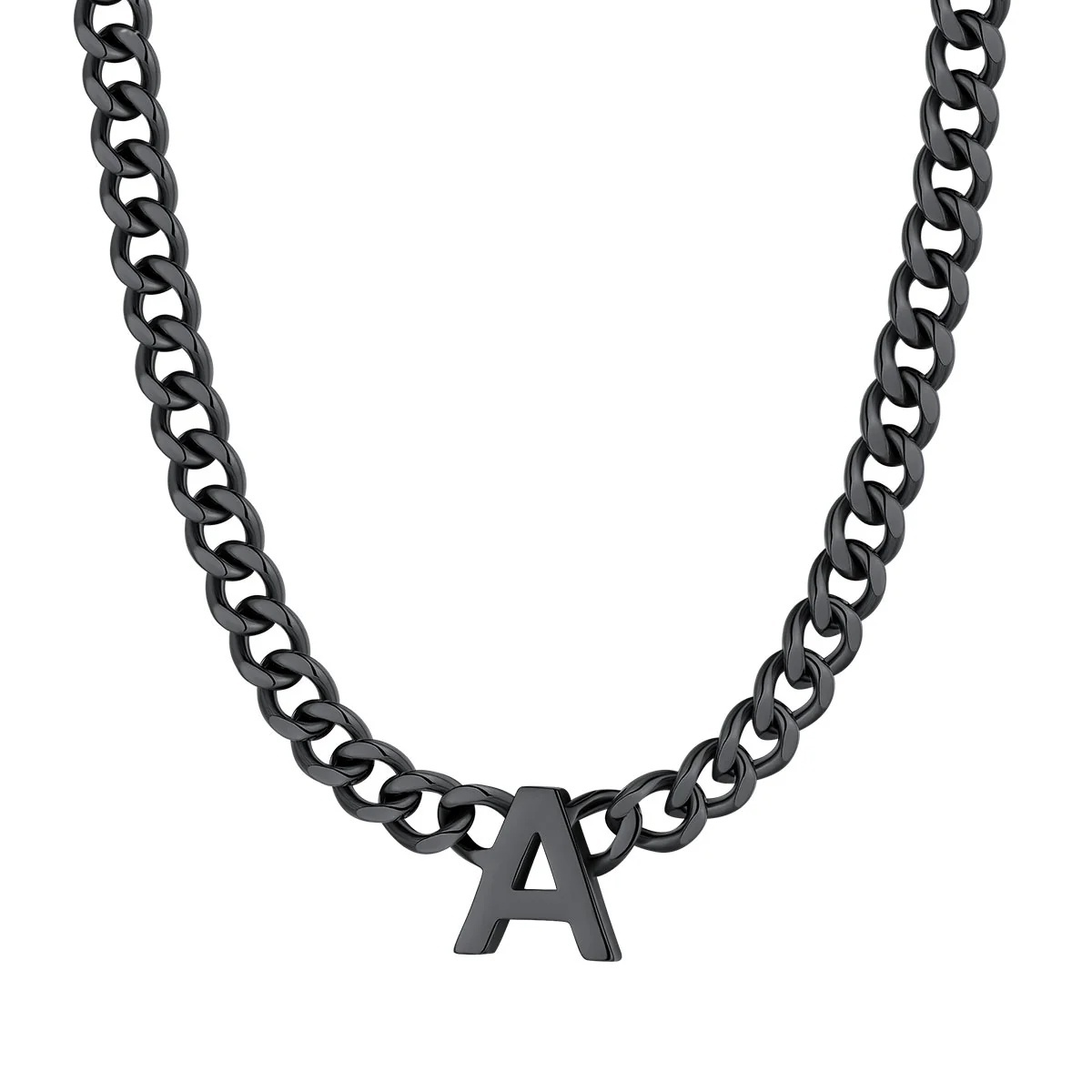 Initial A Cuban Chain Necklace for Men Women 7MM Black 