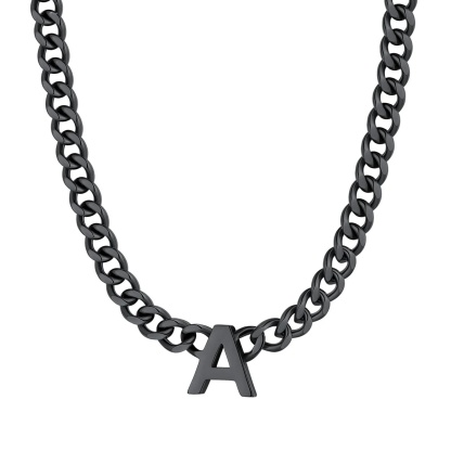 Initial A Cuban Chain Necklace for Men Women 7MM Black 