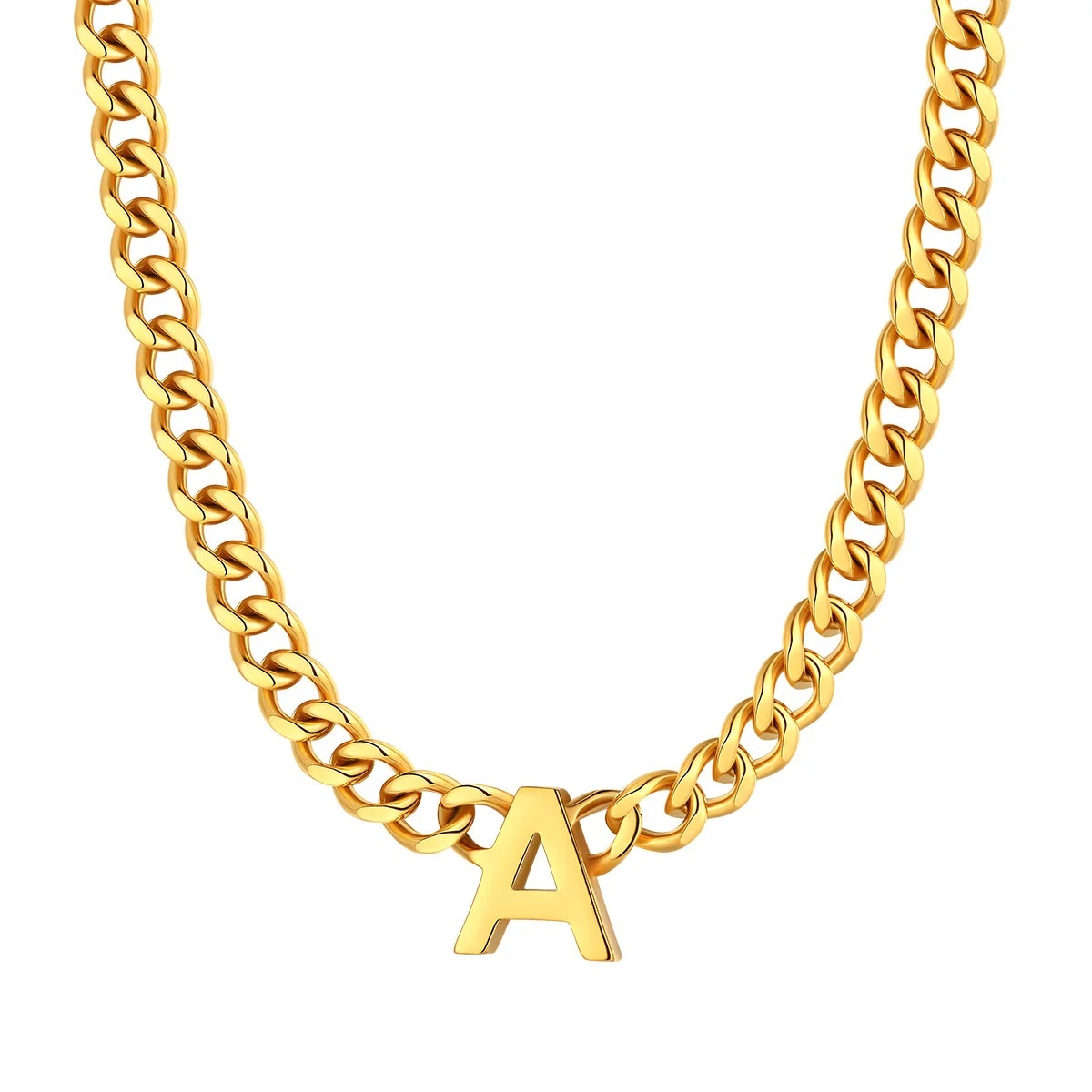 Initial A Cuban Chain Necklace for Men Women 7MM gold 