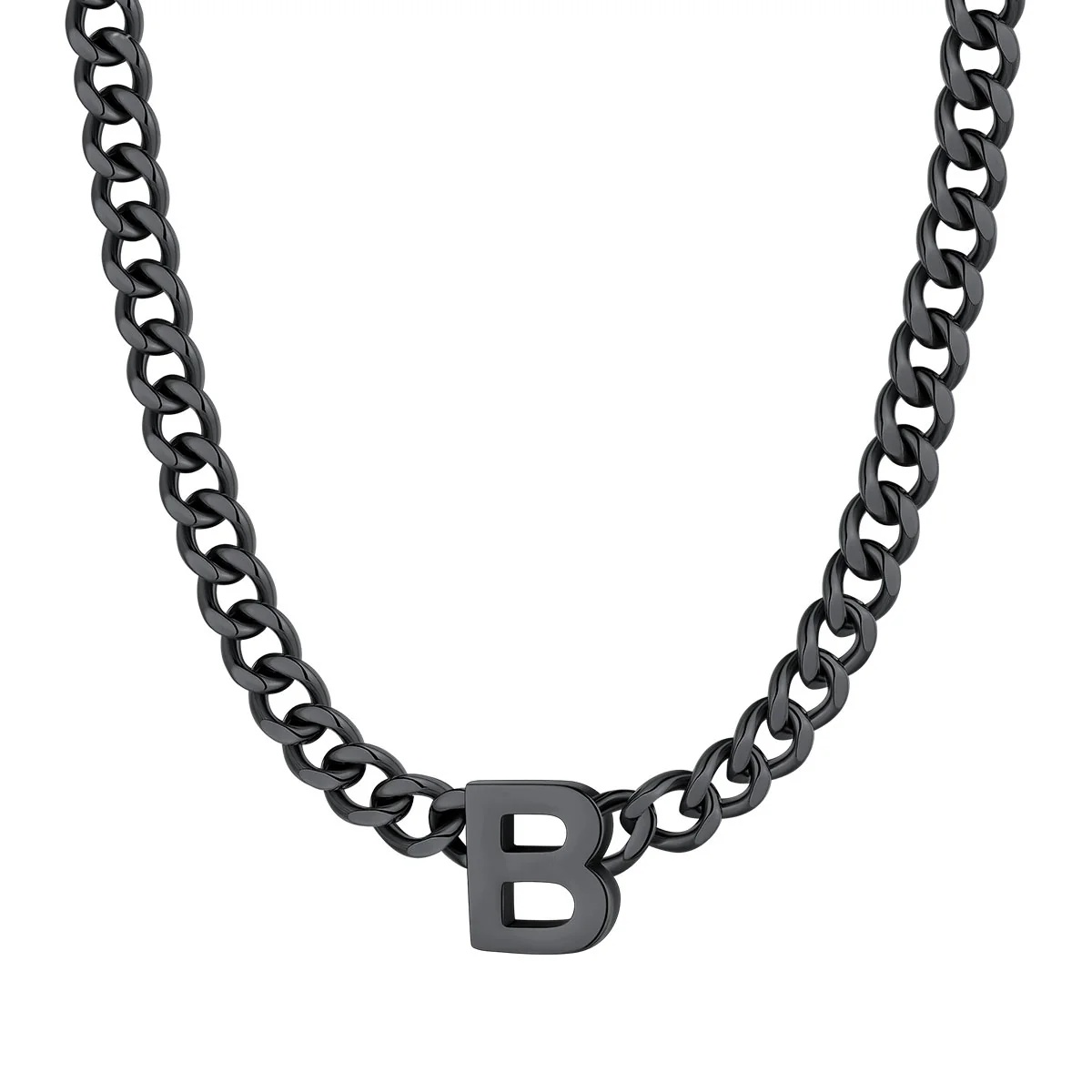 Initial B Cuban Chain Necklace for Men Women 7MM Black 