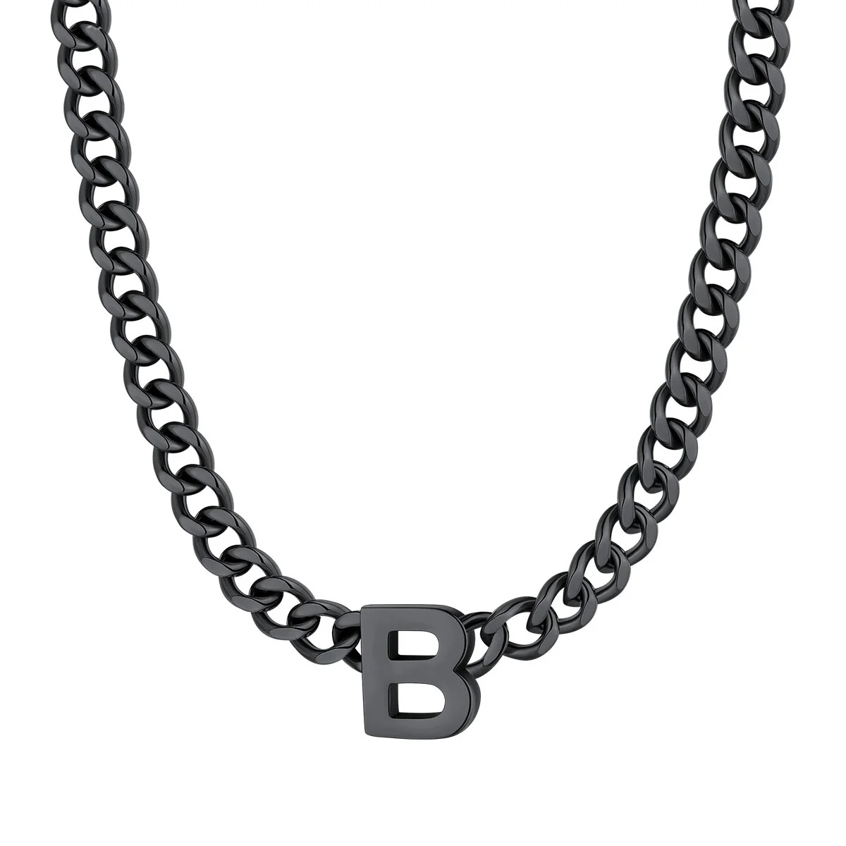 Initial B Cuban Chain Necklace for Men Women 7MM Black 