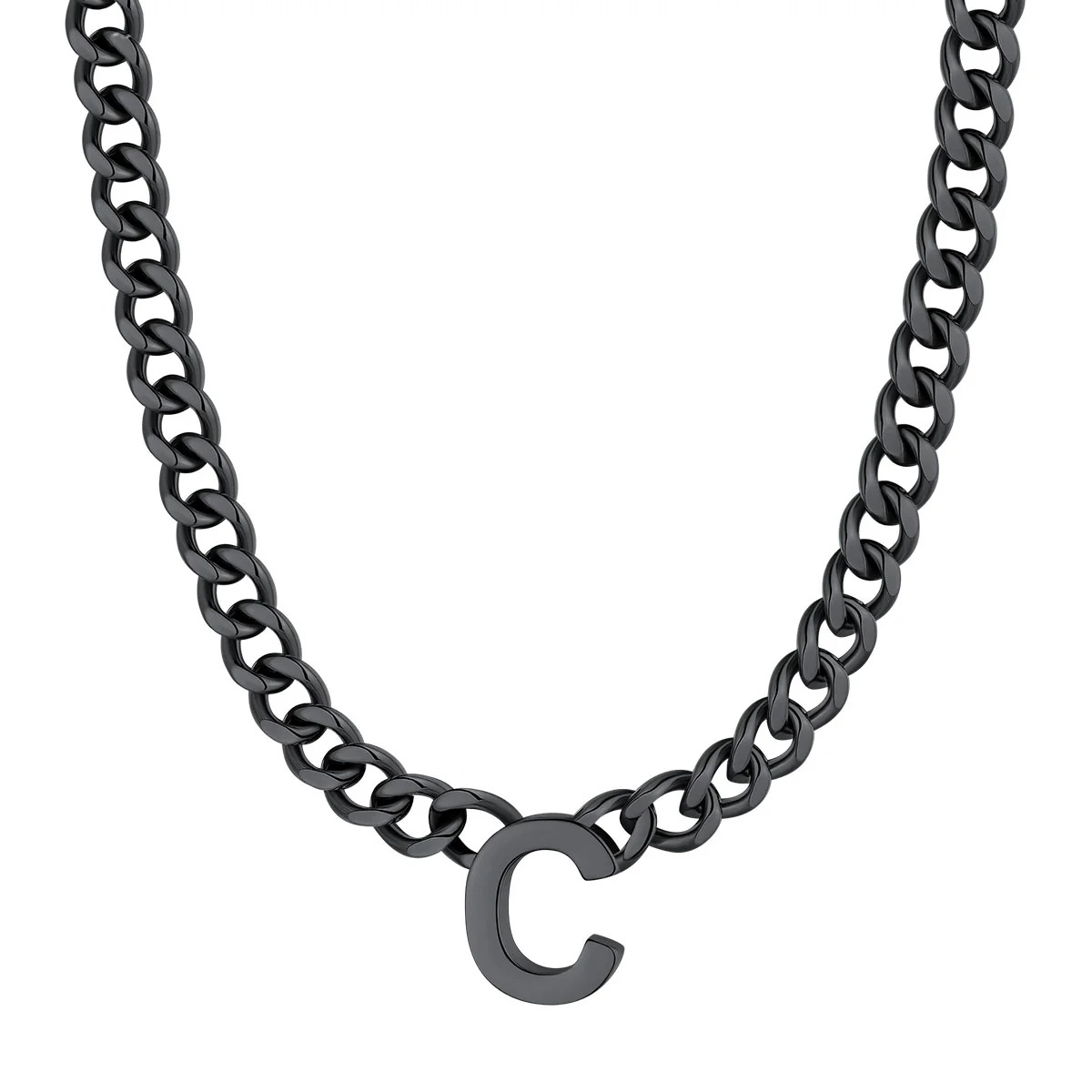 Initial C Cuban Chain Necklace for Men Women 7MM Black 