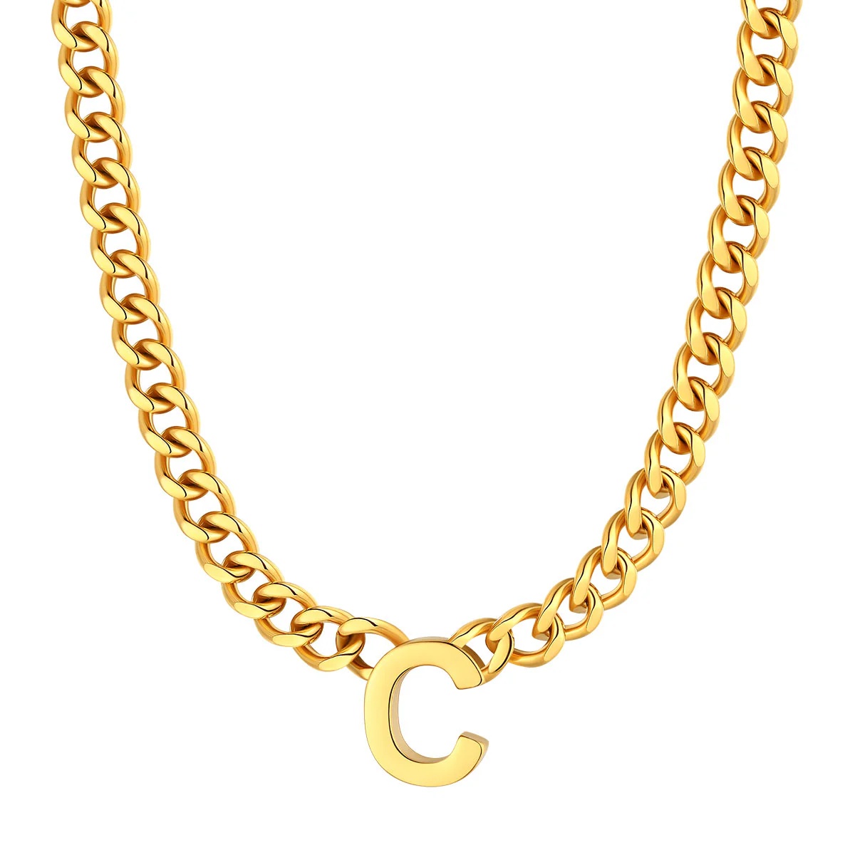 Initial C Cuban Chain Necklace for Men Women 7MM gold 