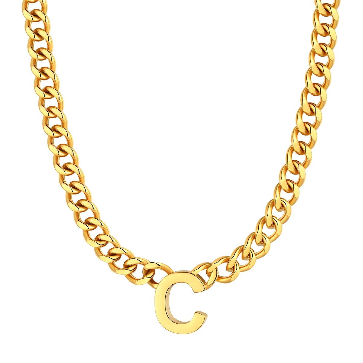 Initial C Cuban Chain Necklace for Men Women 7MM gold 