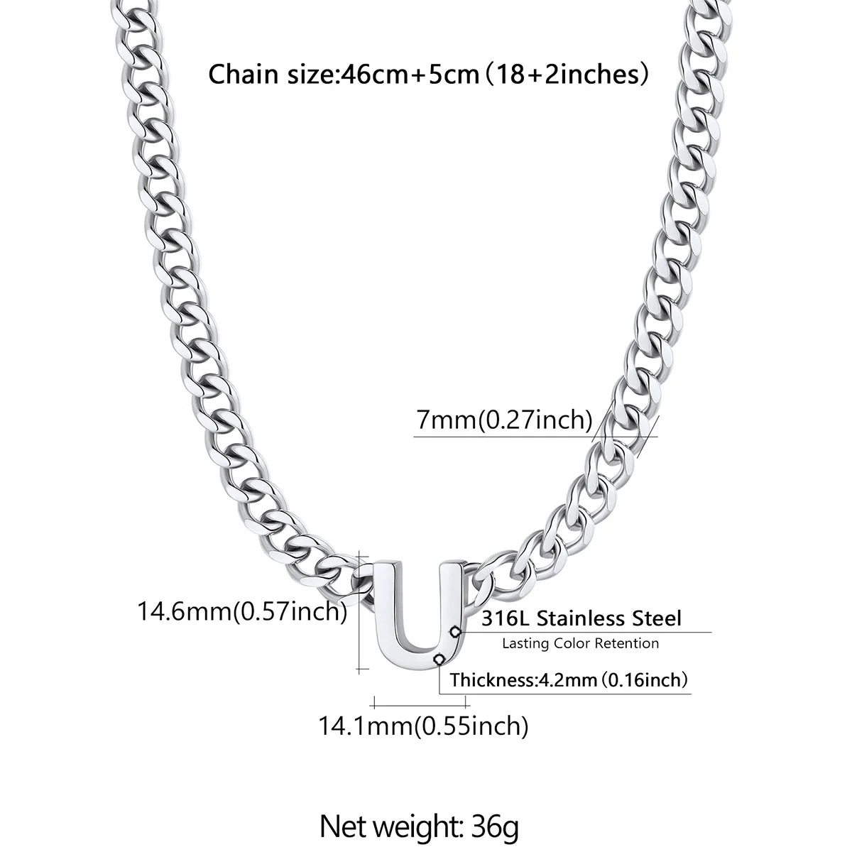Initial Cuban Chain Necklace in stainless steel size