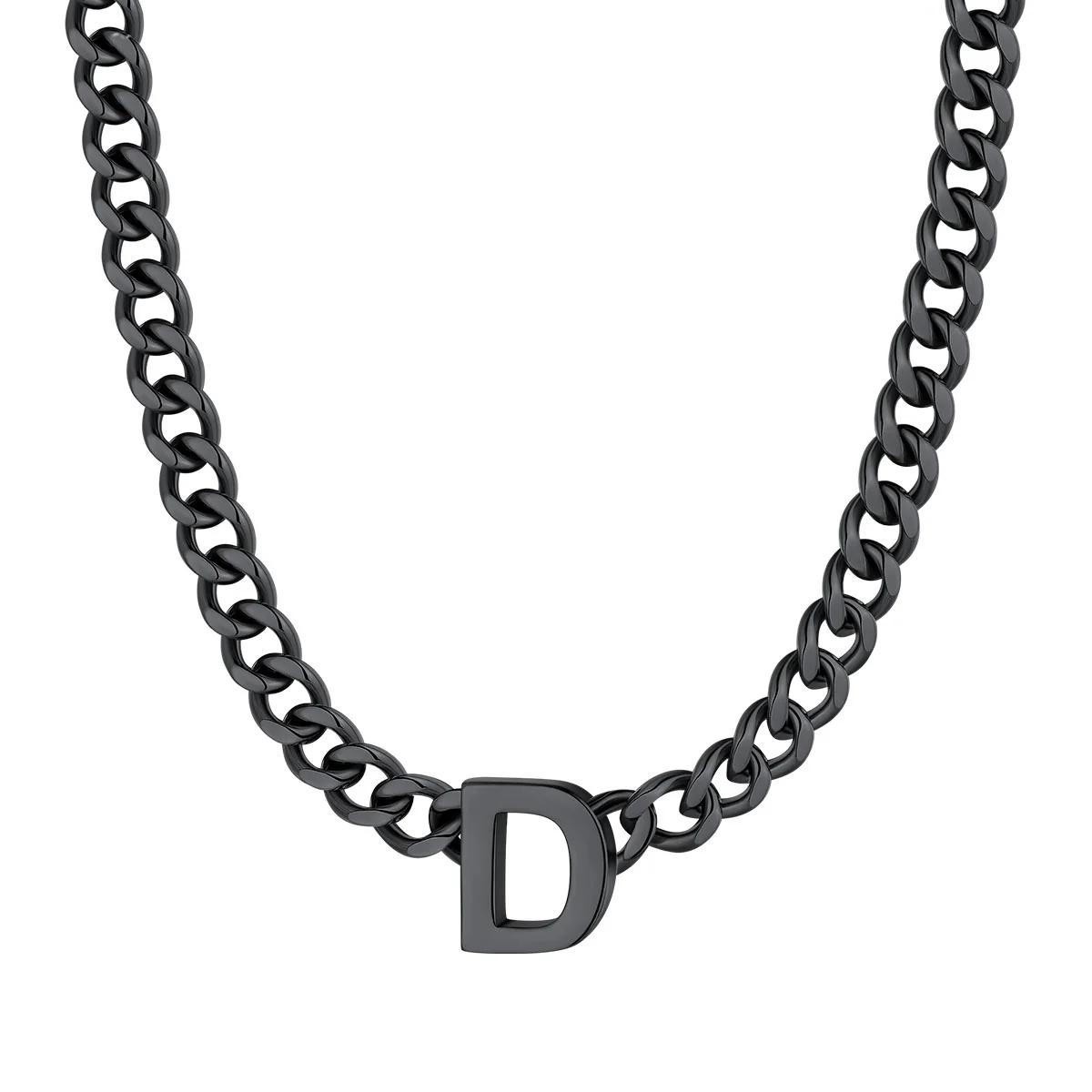 Initial D Cuban Chain Necklace for Men Women 7MM  Black 