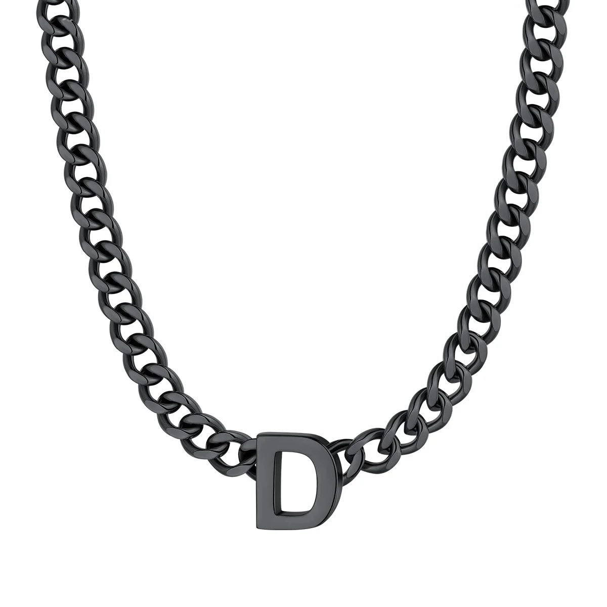 Initial D Cuban Chain Necklace for Men Women 7MM  Black 