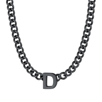 Initial D Cuban Chain Necklace for Men Women 7MM  Black 