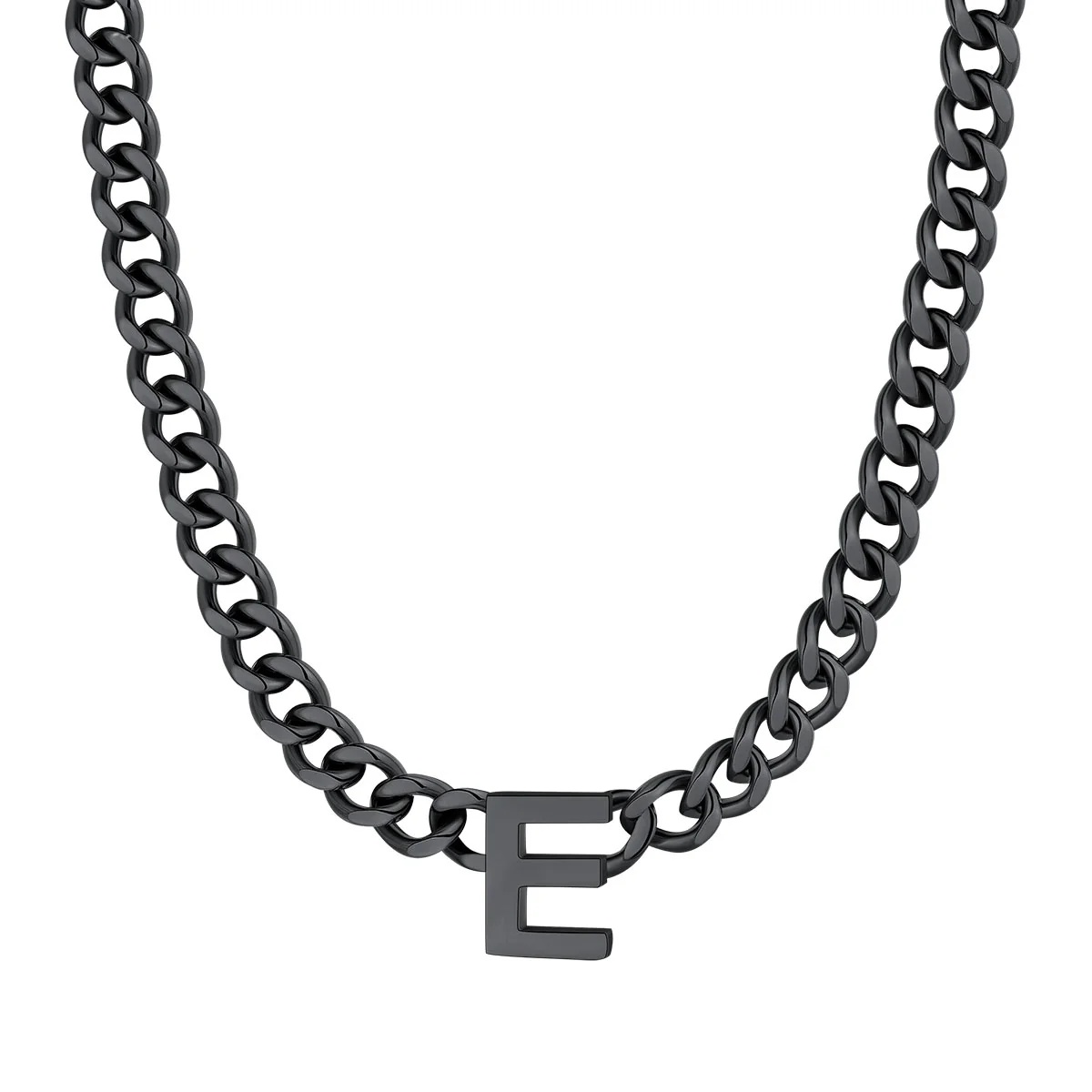 Initial E Cuban Chain Necklace for Men Women 7MM Black 