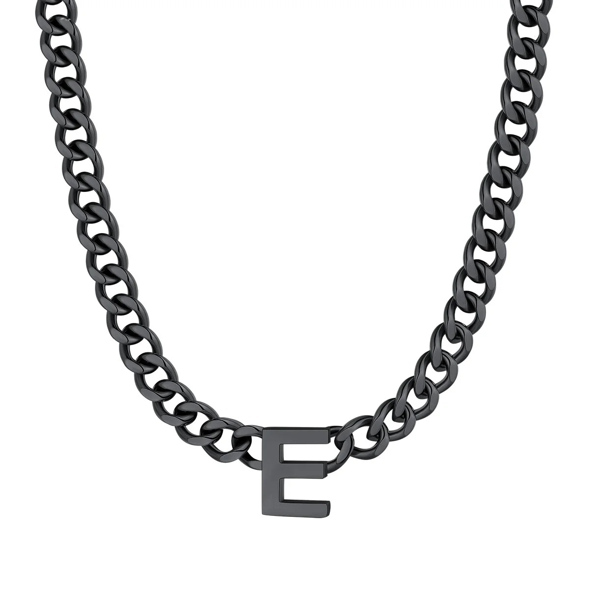Initial E Cuban Chain Necklace for Men Women 7MM Black 