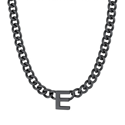 Initial E Cuban Chain Necklace for Men Women 7MM Black 