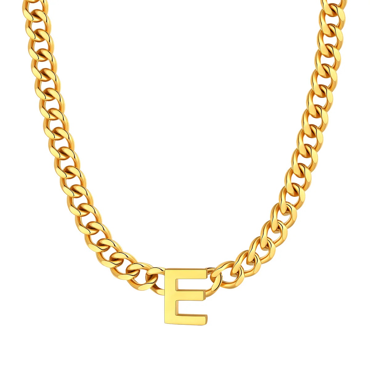 Initial E Cuban Chain Necklace for Men Women 7MM gold 