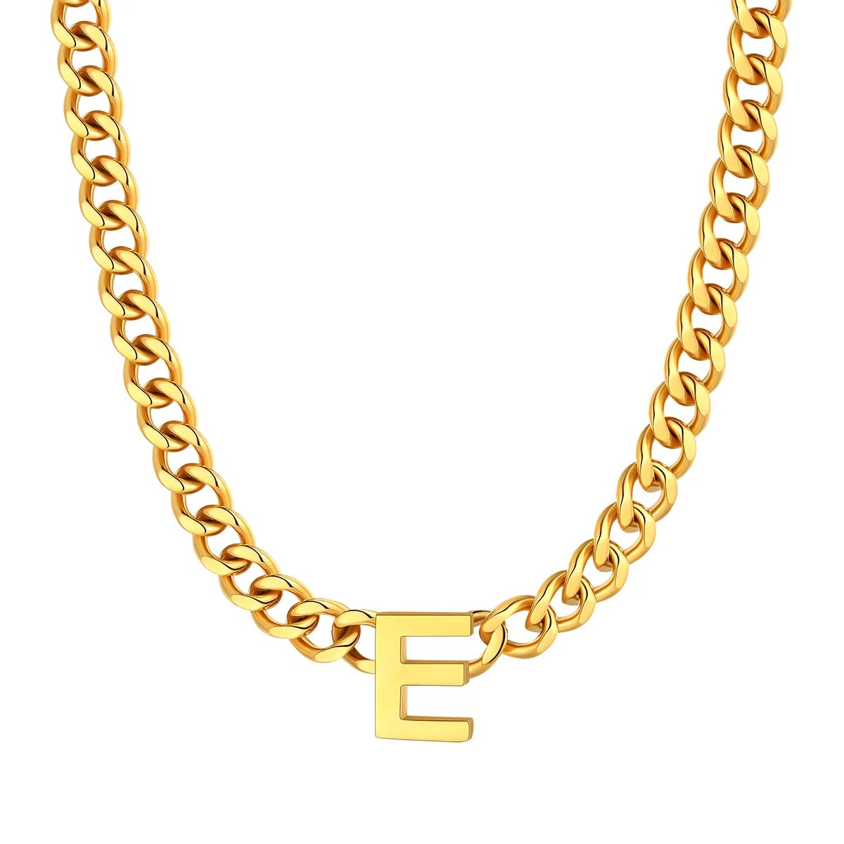 Initial E Cuban Chain Necklace for Men Women 7MM gold 