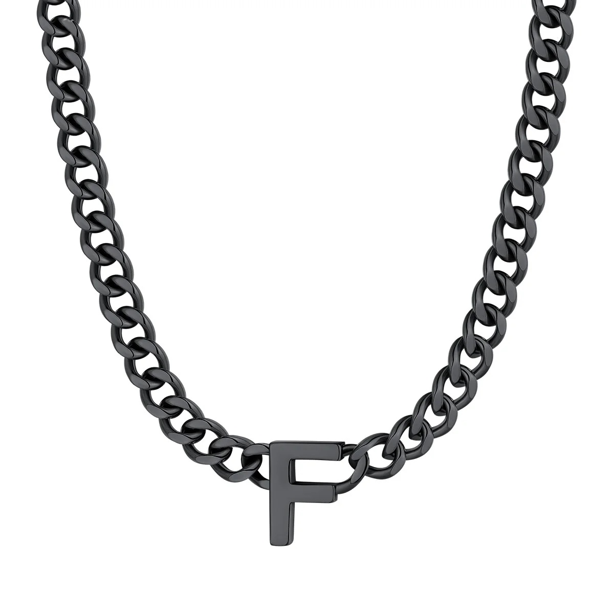 Initial F Cuban Chain Necklace for Men Women 7MM Black 