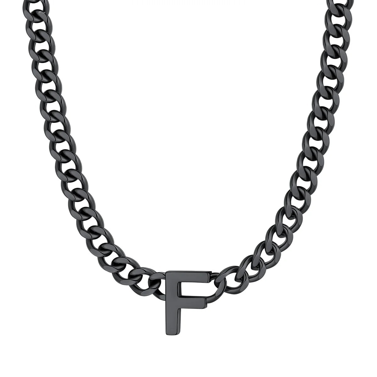 Initial F Cuban Chain Necklace for Men Women 7MM Black 