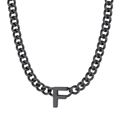 Initial F Cuban Chain Necklace for Men Women 7MM Black 